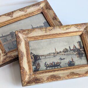 Vtg Handmade Italian Miniature Colored Art Prints Ancient Florence in Gilt Frame